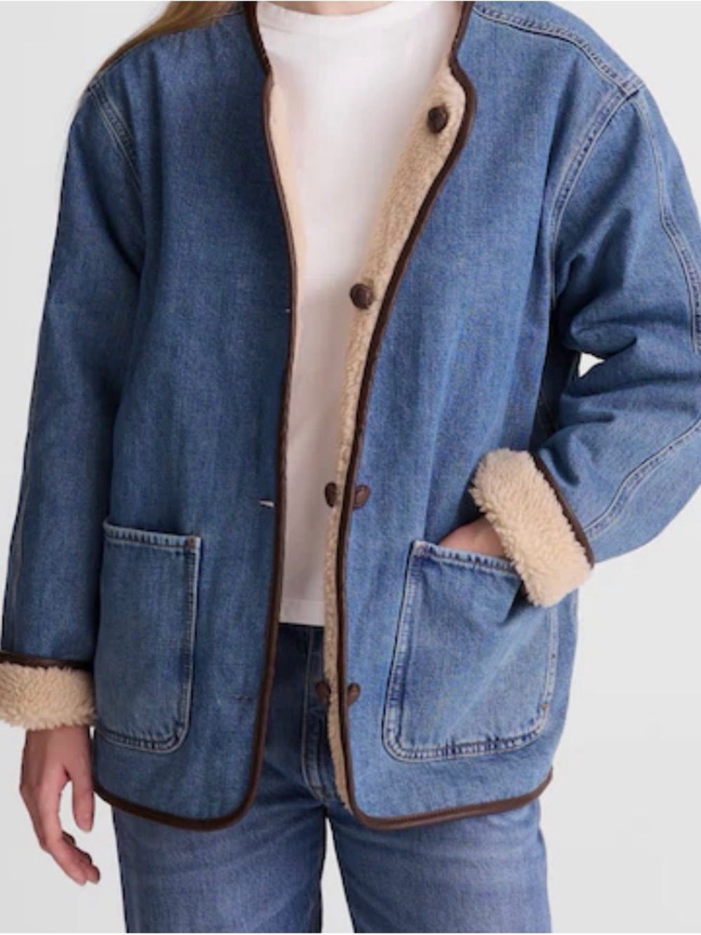 Madewell Reversible Denim & Sherpa Jacket Ivory Blue Pockets Sz. XS New $258